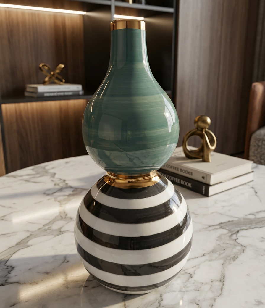 Jarra decorativa verde com base às riscas preto e branco e detalhes dourados